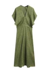 Abito verde, strutturato, con scollo a V, maniche corte e una vestibilità ampia, caratterizzato da una zip laterale discreta per la chiusura.