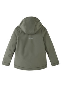 Giacca con cappuccio verde oliva, caratterizzata da una texture di tessuto morbido, maniche lunghe e un dettaglio riflettente sulla schiena.