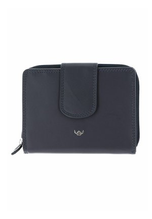 Portefeuille compact en cuir noir avec fermeture éclair latérale et un rabat à bouton-pression à l'avant, avec un petit emblème argenté.