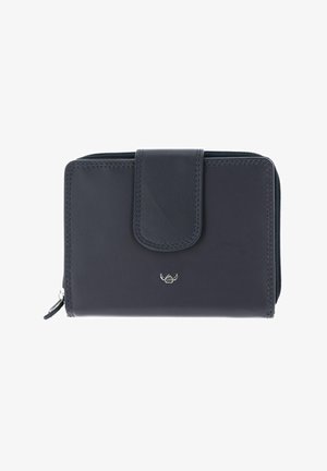 Portefeuille compact en cuir noir avec fermeture éclair latérale et un rabat à bouton-pression à l'avant, avec un petit emblème argenté.