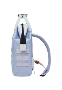 Light blue backpack with black zipper, textured fabric, and three pink straps on the side. Features a leather accent on the strap.