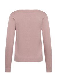 Rosa gestrickter Pullover mit langen Ärmeln und rundem Ausschnitt. Glatte Textur und gerippte Bündchen sowie Saum, mit einfarbigem Design.