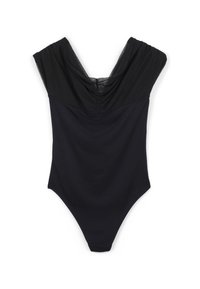 Costume da bagno nero con profondo scollo a V sul retro e spalline plissettate. Realizzato in tessuto morbido con una silhouette aderente e una copertura minima.