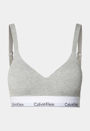 Grauer Baumwoll-Bralette mit V-Ausschnitt. Verfügt über verstellbare Träger und ein weißes Band mit 'Calvin Klein'-Logo. Glatte Textur.