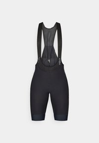 Sorte sykkelshorts med mesh-stropper, polstret sete og tettsittende design. Har et grått accent ved benkantene.