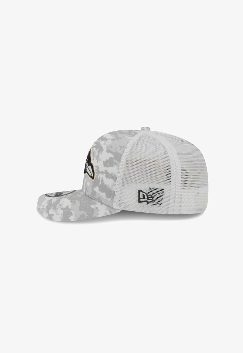 Gray camouflage cap with mesh back, curved visor, embroidered logo at front, and black accents. Features a snapback closure for adjustability.