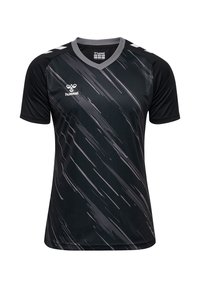 Maillot de sport noir à manches courtes, avec un col en V gris et un motif en diagonale. Logo Hummel sur le côté gauche.