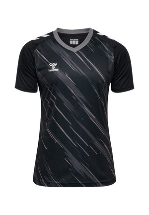 Black sports jersey with short sleeves, featuring a gray v-neck collar and diagonal streak pattern. Hummel logo on the front left.