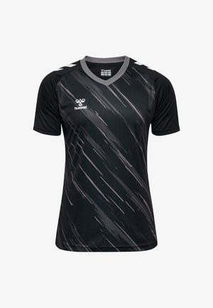 Zwart sportshirt met korte mouwen, voorzien van een grijze v-hals en diagonaal streepjespatroon. Hummel-logo op de voorkant links.