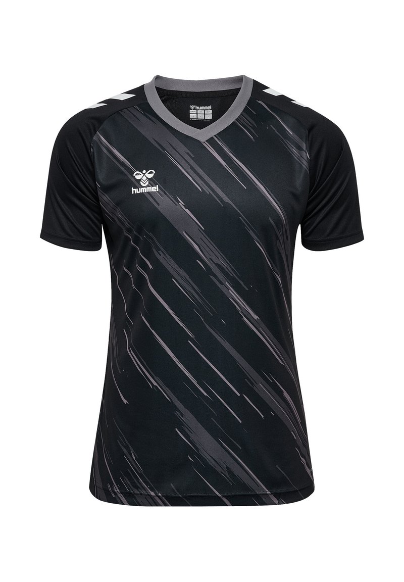 Maillot de sport noir à manches courtes, avec un col en V gris et un motif en diagonale. Logo Hummel sur le côté gauche.
