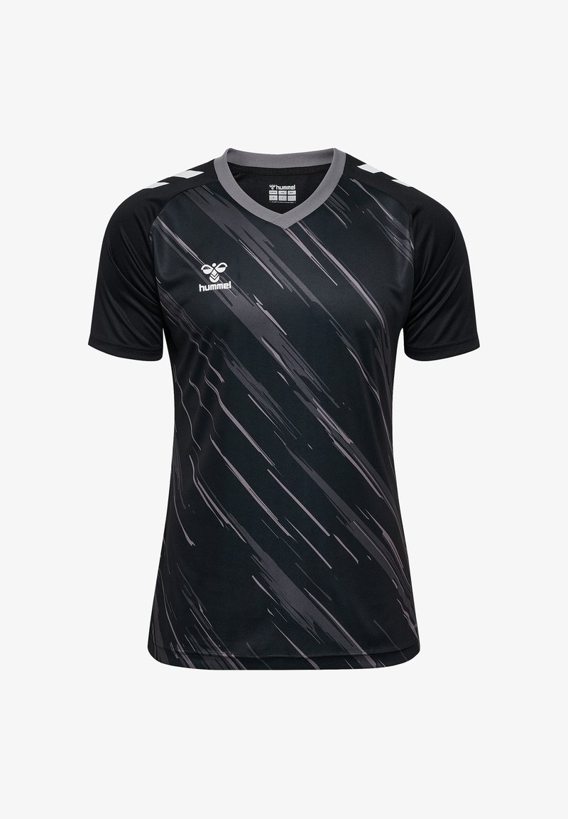 Maillot de sport noir à manches courtes, avec un col en V gris et un motif en diagonale. Logo Hummel sur le côté gauche.