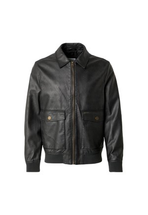 Giubbotto in pelle nera con zip frontale, due tasche frontali, polsini e orlo a coste, caratterizzato da un leggero motivo in rilievo su tutto il tessuto.