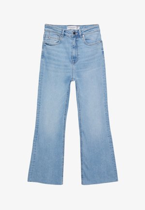 Hellblaue Denim-Jeans mit hoch geschnittener Taille, weitem Bein und fransigem Saum. Verfügt über fünf Taschen und einen klassischen Knopfverschluss vorne.