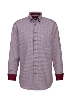Camicia a quadri bordeaux e bianca, con colletto, maniche lunghe con polsini a contrasto e un piccolo logo sul petto.