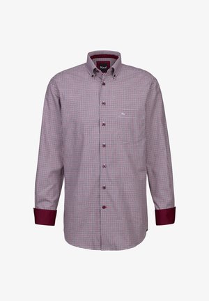 Camicia a quadri bordeaux e bianca, con colletto, maniche lunghe con polsini a contrasto e un piccolo logo sul petto.