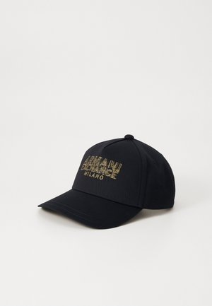Black baseball cap made of cotton with a curved visor. Features gold logo text "ARMANI EXCHANGE MILANO" on the front.