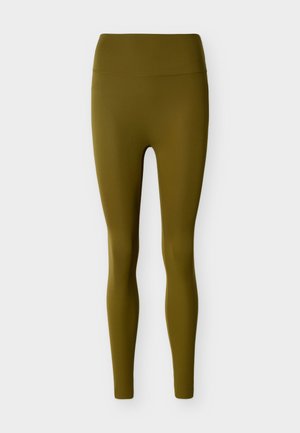 Olivgrüne Leggings aus elastischem Material, mit hohem Bund, glatter Textur und figurbetontem Design. Keine sichtbaren Muster oder Akzente.