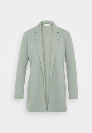 Světle zelený blazer vyrobený z měkké tkaniny. Disponuje klopovým límcem, otevřeným předním dílem a dlouhými rukávy. Minimalistický design bez ozdob.