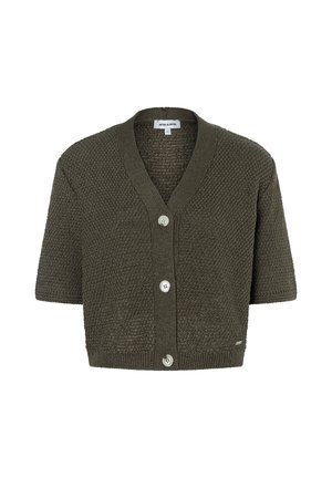 Dunkelolivgrüner Strickcardigan mit kurzen Ärmeln, V-Ausschnitt und drei weißen Knöpfen vorne, strukturiertem Muster und gerippten Kanten.