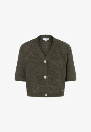 Dunkelolivgrüner Strickcardigan mit kurzen Ärmeln, V-Ausschnitt und drei weißen Knöpfen vorne, strukturiertem Muster und gerippten Kanten.