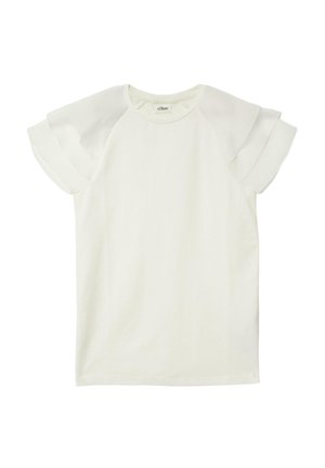 T-shirt blanc à manches courtes avec des accents de volants superposés sur les épaules. Confectionné dans un tissu doux avec une coupe décontractée et un col rond.