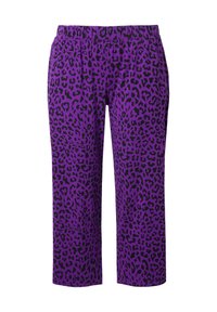 Paarse broek met luipaardprint, voorzien van een elastische tailleband, cropped lengte en een subtiele glans in een zachte, rekbare stof.