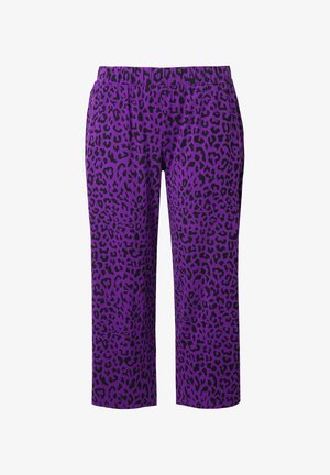Pantaloni viola a stampa leopardata con vita elastica, lunghezza cropped e una leggera lucentezza in un tessuto morbido e elastico.