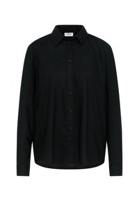 Chemise noire à manches longues avec un devant à boutons, un col et un ourlet droit. Fabriquée en tissu lisse et léger.