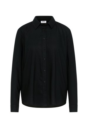 Chemise noire à manches longues avec un devant à boutons, un col et un ourlet droit. Fabriquée en tissu lisse et léger.