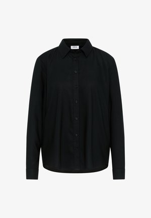 Zwarte langarmshirt met een knoopsluiting aan de voorkant, een kraag en een rechte zoom. Gemaakt van een gladde, lichte stof.