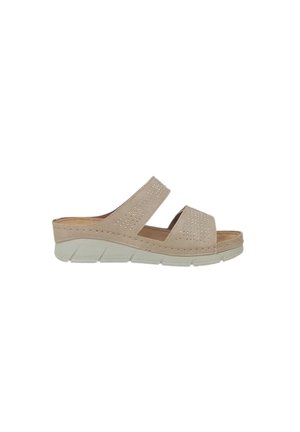 Sandalo beige open-toe con due ampie fasce con piccoli fori e suola bianca imbottita.