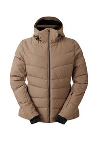 Ruskea puffer-takki, jossa on korkea kaulus, vetoketjukiinnitys ja mustat hihansuut. Sisältää tikatun pinnan ja säädettävän naruhupun.
