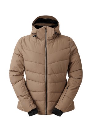 Chaqueta tipo puffer marrón con cuello alto, cierre de cremallera y puños negros. Presenta textura acolchada y capucha ajustable con cordón.