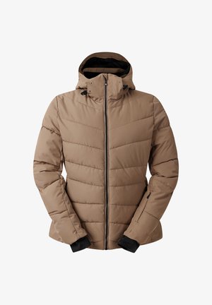 Brązowa kurtka puchowa z wysokim kołnierzem, zapięciem na zamek i czarnymi mankietami. Posiada pikowaną teksturę i regulowany kaptur na sznurki.
