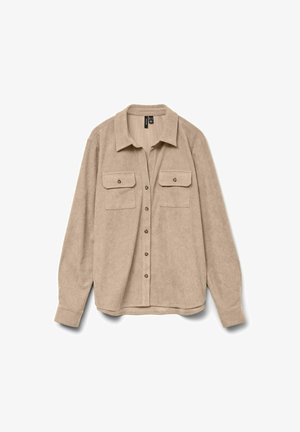 Beige corduroy shirt met lange mouwen, knoopsluiting aan de voorkant, twee borstzakken en een klassieke kraag, met subtiele textuur en een relaxte pasvorm.