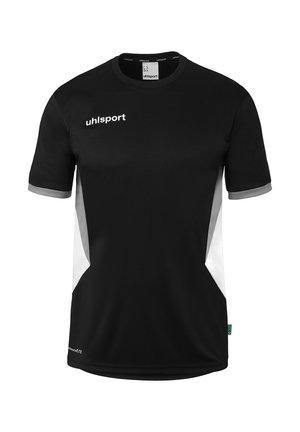 Black short-sleeve sports jersey with gray and white side panels and "uhlsport" logo on the chest.
