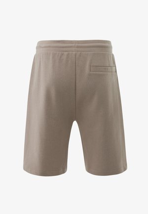 Pantaloncini beige casual fino al ginocchio con vita elastica e una tasca a filetto singola sul retro destro, mostrati su sfondo bianco.