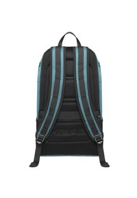 Rucksack mit einem strukturierten schwarzen Mesh-Design, akzentuiert durch hellblaue Riemen. Verfügt über gepolsterte Riemen und ein Logo-Detail auf der Rückseite.