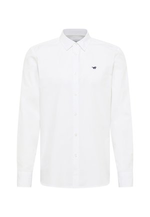 Biała koszula z długim rękawem z bawełny, z zapięciem na guziki, z wykładanym kołnierzykiem oraz z małym granatowym logo na piersi.