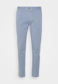 Light blue cotton chinos with a slim fit, five-pocket design, and a single button closure. Features subtle stitching along the seams.