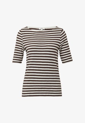 T-shirt à manches courtes rayé marron et blanc avec un large col et un tissu doux, présentant des rayures horizontales régulièrement espacées.