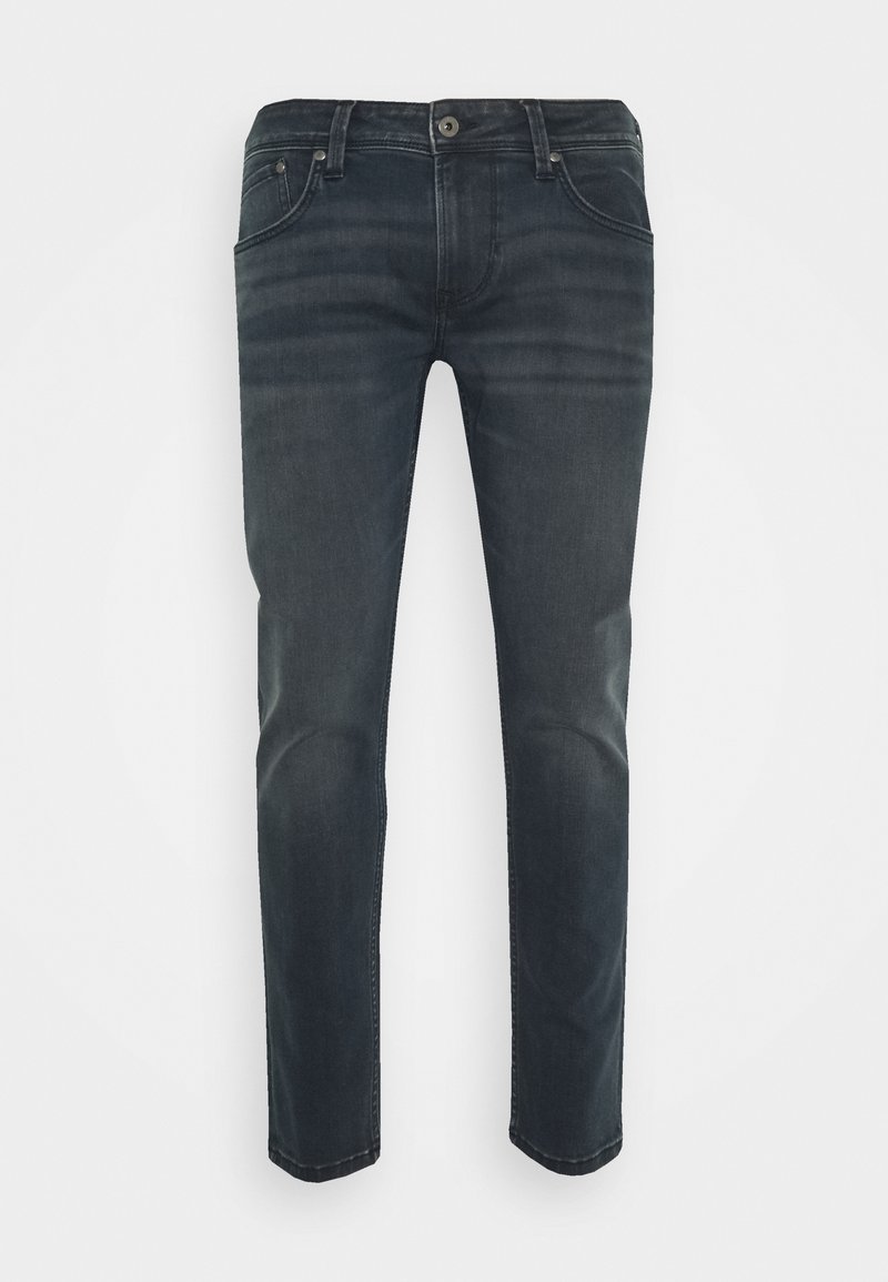 Jeans en denim bleu foncé avec une coupe slim, présentant un design classique à cinq poches, un léger délavage et une fermeture à bouton en métal à la taille.