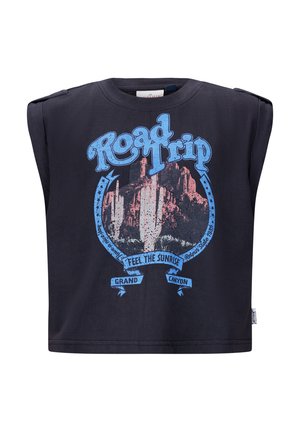 Zwarte katoenen T-shirt met korte mouwen, met een grafische print van de Grand Canyon en de tekst "Road Trip" in blauw en roze.