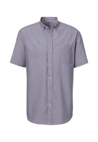 Kurzarm-Hemd mit Knopfleiste in navyblauen und weißen Streifen, leichtes Material, eine Brusttasche, klassischer Kragen und gerader Saum.