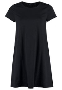 Svart T-shirt klänning med korta ärmar, rund halsringning och en avslappnad A-linjeform. Tillverkad av mjukt bomullstyg med en slät yta.