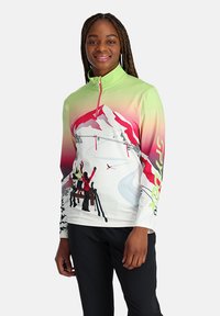 Langärmliges Sportshirt mit einem Farbverlauf von Grün nach Pink, einem Ski-Motiv und einem halben Reißverschluss. Hergestellt aus atmungsaktivem Material.