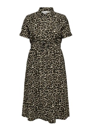 Lühikeste varrukatega, nööbitav midi-kleit gepardi mustriga, kraega ja paelaga vöökohal, loodud igapäevaseks või poolformaalseteks sündmusteks.