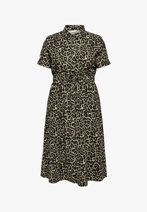 Short-sleeve, button-up midi dress with leopard print, collar, and drawstring waist, designed for casual or semi-formal wear.