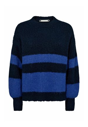 Knitted sweater featuring dark navy and blue horizontal stripes, round neckline, long sleeves, and textured, cozy fabric.