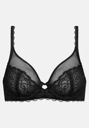 Reggiseno in pizzo nero con pannelli in rete trasparente, motivo floreale in pizzo, spalline regolabili e bordi scallop decorativi. Dettaglio a chiave sul davanti.
